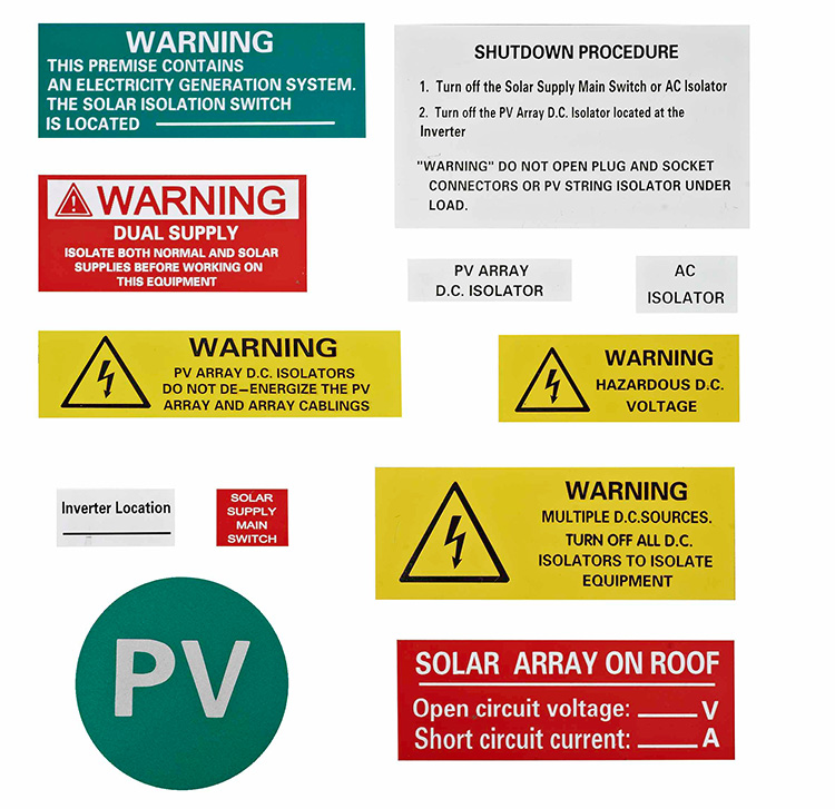 Etiquetas de advertência para sistema fotovoltaico